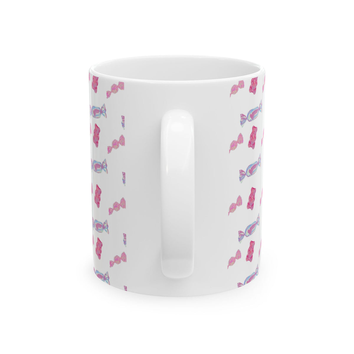 Candy Pattern Ceramic Mug – Pink Gummy & Wrapped Candy Coffee Cup (11oz/15oz)