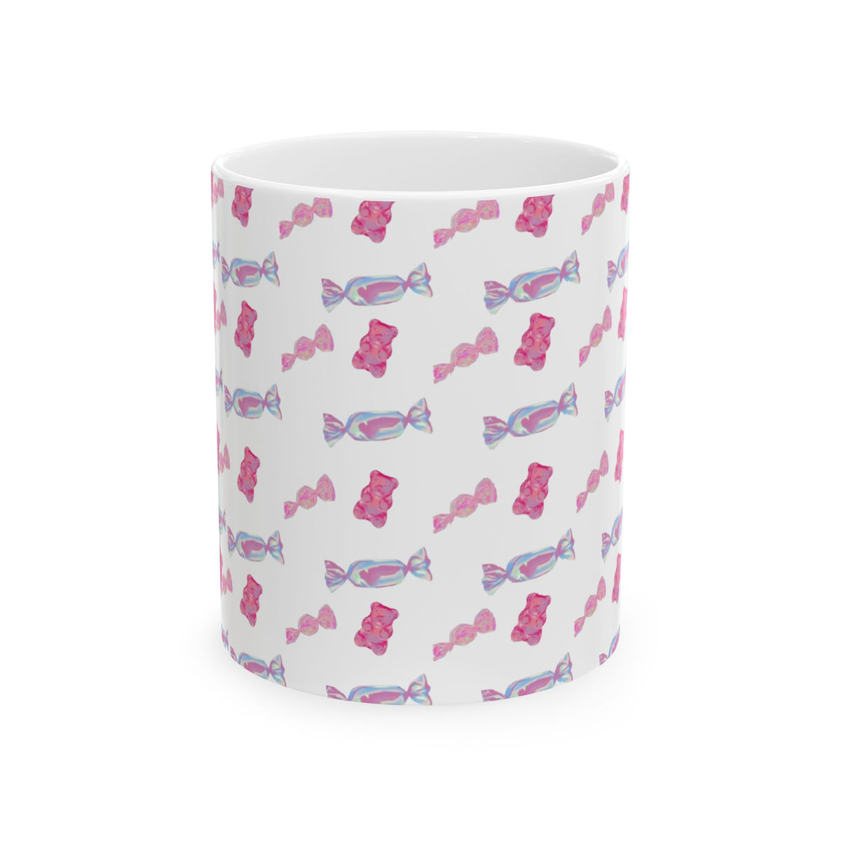 Candy Pattern Ceramic Mug – Pink Gummy & Wrapped Candy Coffee Cup (11oz/15oz)