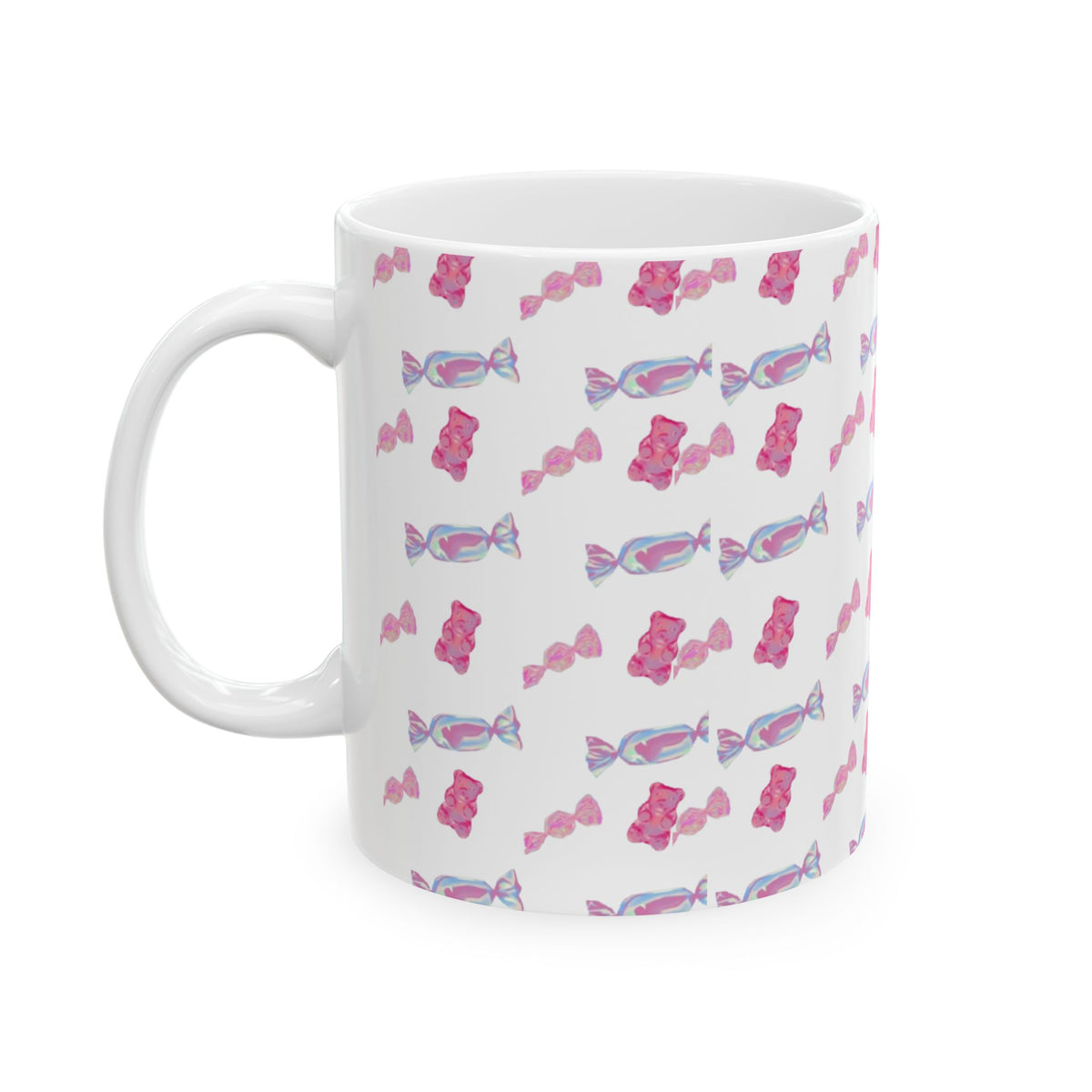 Candy Pattern Ceramic Mug – Pink Gummy & Wrapped Candy Coffee Cup (11oz/15oz)