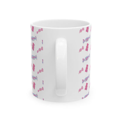 Candy Pattern Ceramic Mug – Pink Gummy & Wrapped Candy Coffee Cup (11oz/15oz)