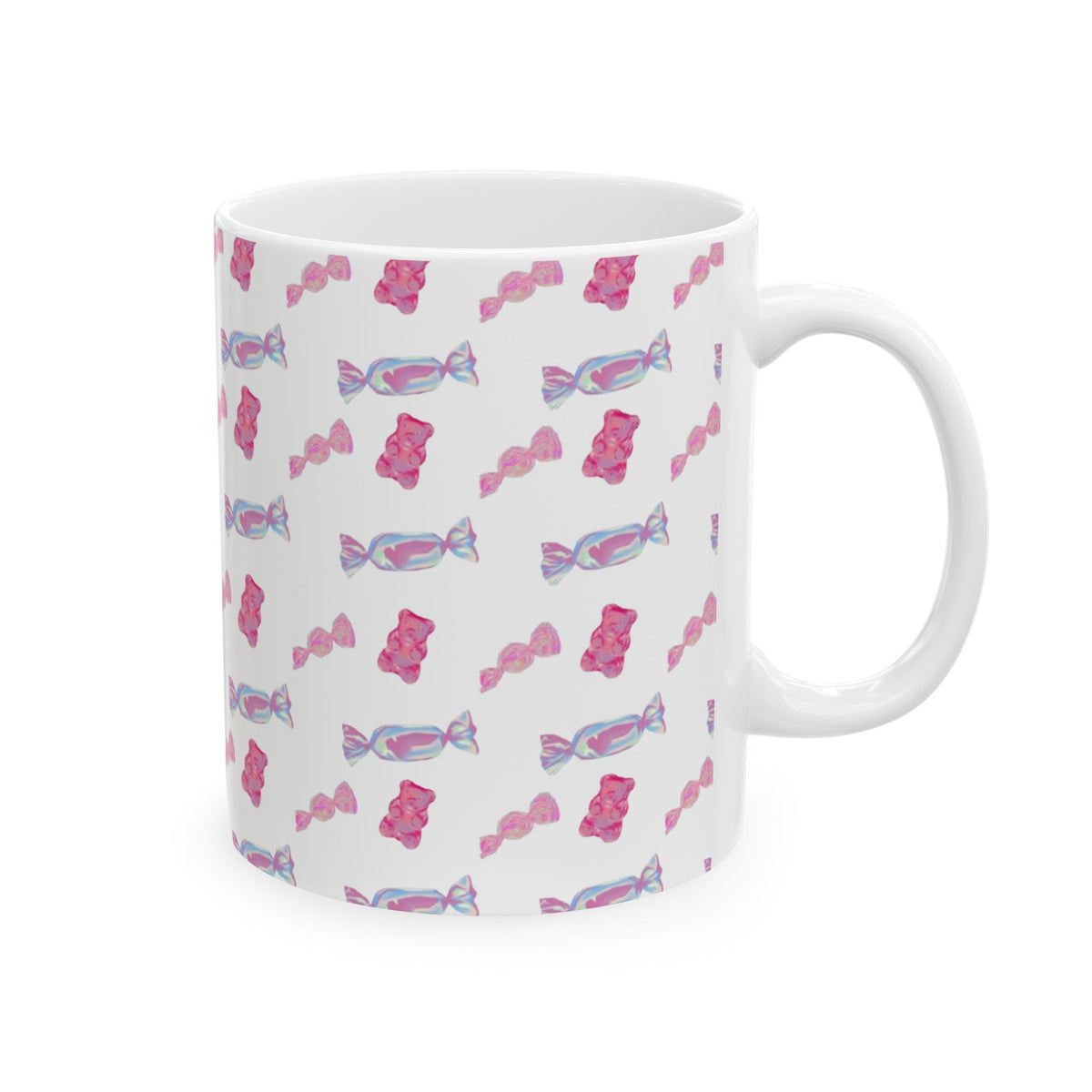 Candy Pattern Ceramic Mug – Pink Gummy & Wrapped Candy Coffee Cup (11oz/15oz)
