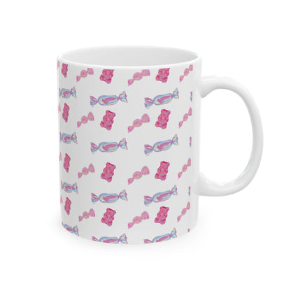 Candy Pattern Ceramic Mug – Pink Gummy & Wrapped Candy Coffee Cup (11oz/15oz)