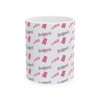 Candy Pattern Ceramic Mug – Pink Gummy & Wrapped Candy Coffee Cup (11oz/15oz)
