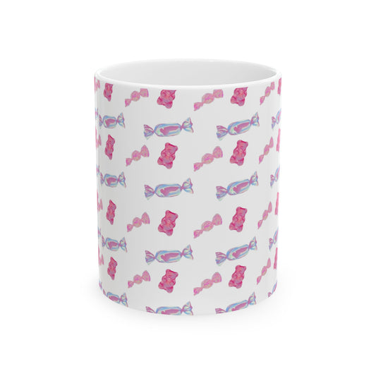 Candy Pattern Ceramic Mug – Pink Gummy & Wrapped Candy Coffee Cup (11oz/15oz)