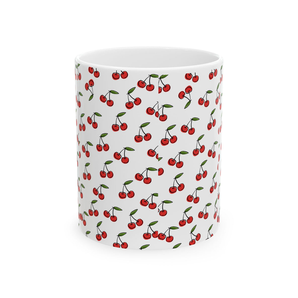 Cherry Pattern Ceramic Mug — Cute Red Cherry Coffee Cup (11oz, 15oz)