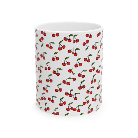 Cherry Pattern Ceramic Mug — Cute Red Cherry Coffee Cup (11oz, 15oz)