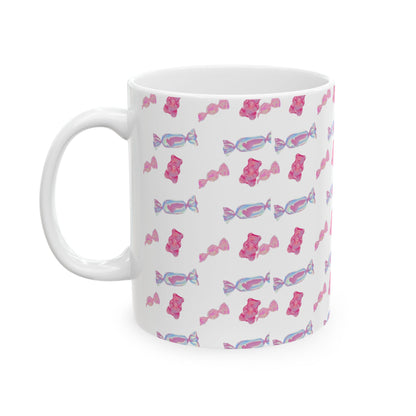 Candy Pattern Ceramic Mug – Pink Gummy & Wrapped Candy Coffee Cup (11oz/15oz)